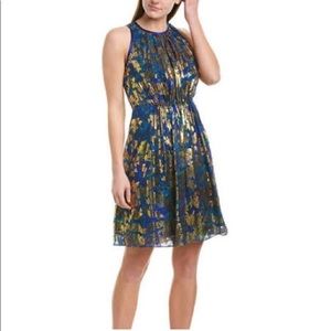 Like New Elie Tahari Blouson Dress Blue with Gold